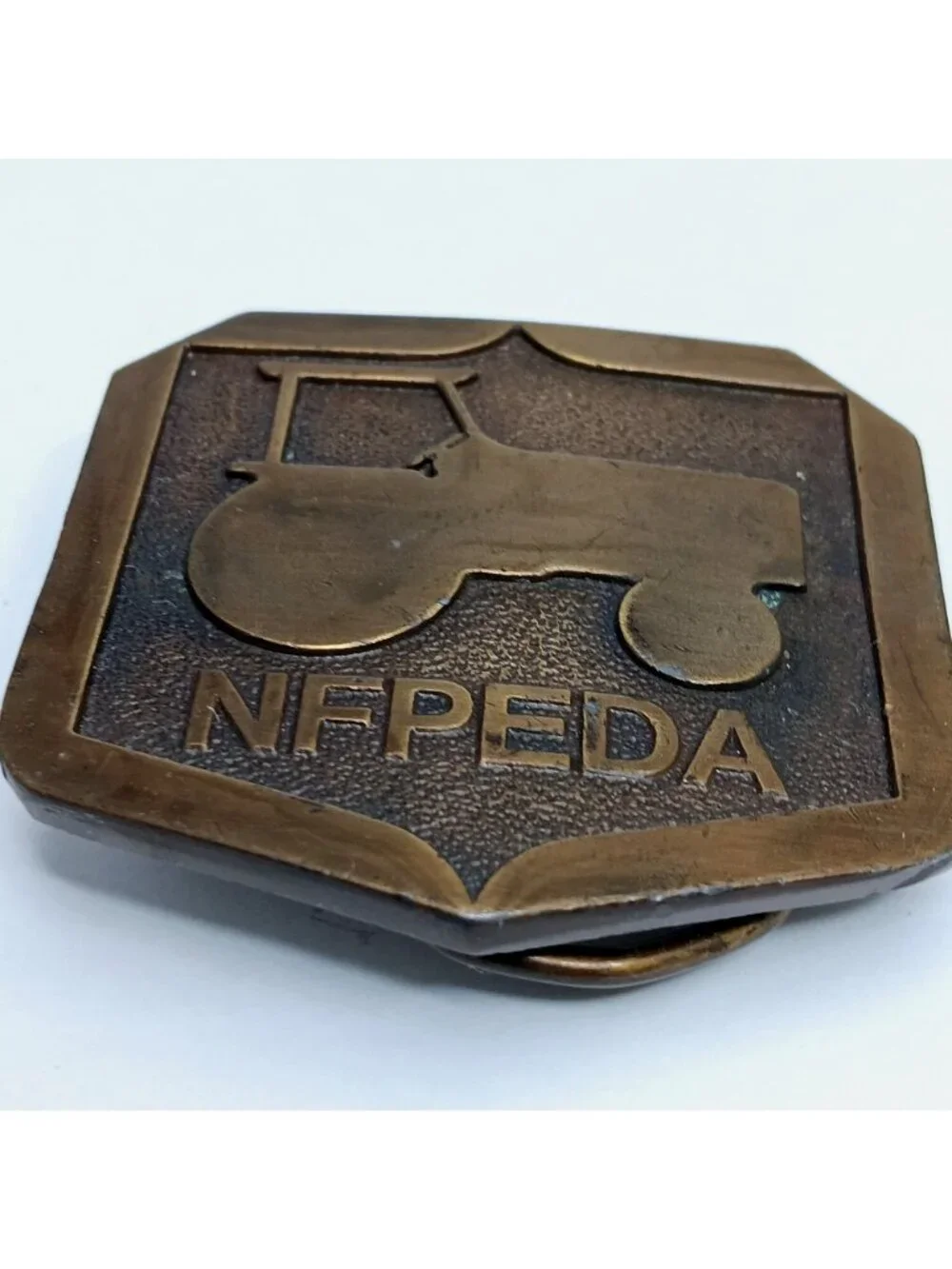 Vintage 1979 NFPEDA Bergamot Brass Works Belt Buckle Farming Supply with Tractor